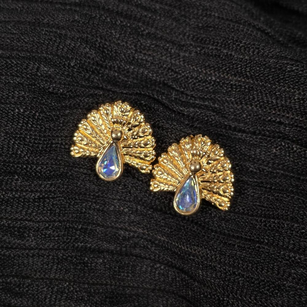 Vintage Peacock Fan Earrings Gold Tone Blue AB Rhinestone Statement Studs